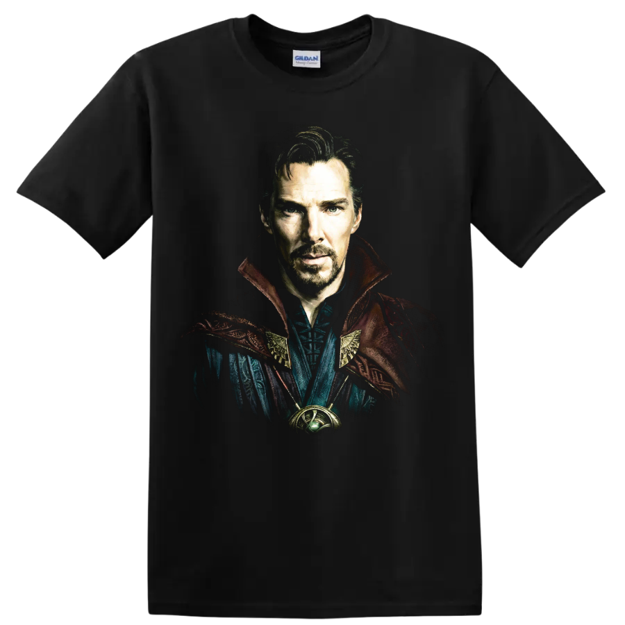 Doctor Strange mystic sorcerer portrait fantasy graphic print on a Black T Shirt
