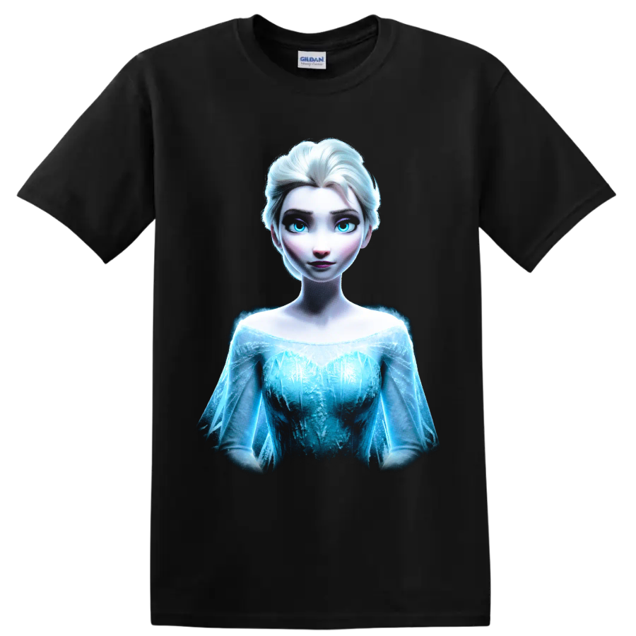 Elsa Frozen ice princess portrait graphic print on a Black T Shirt
