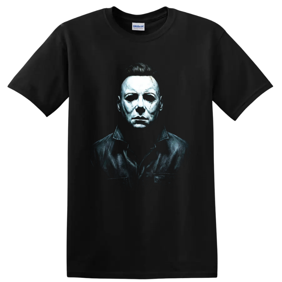 Michael Myers Halloween horror portrait graphic print on a Black T Shirt
