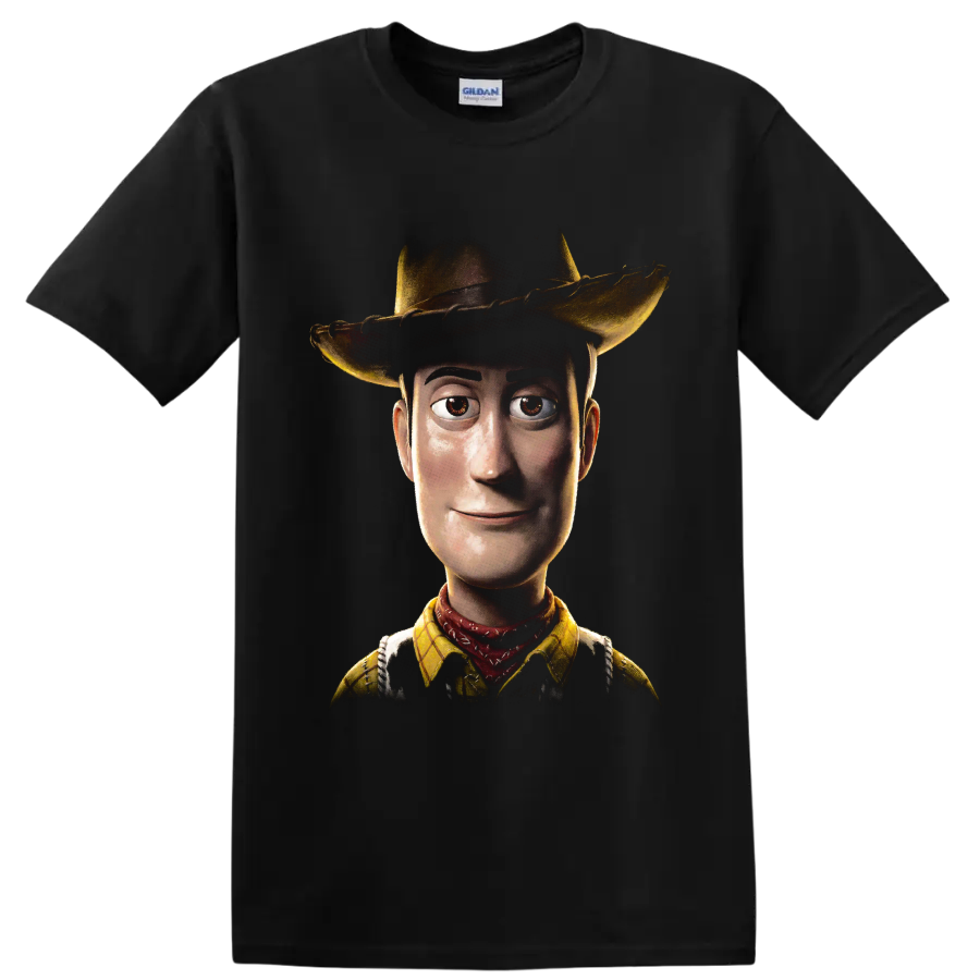 Woody from Toy Story cowboy portrait graphic print on a Black T Shirt