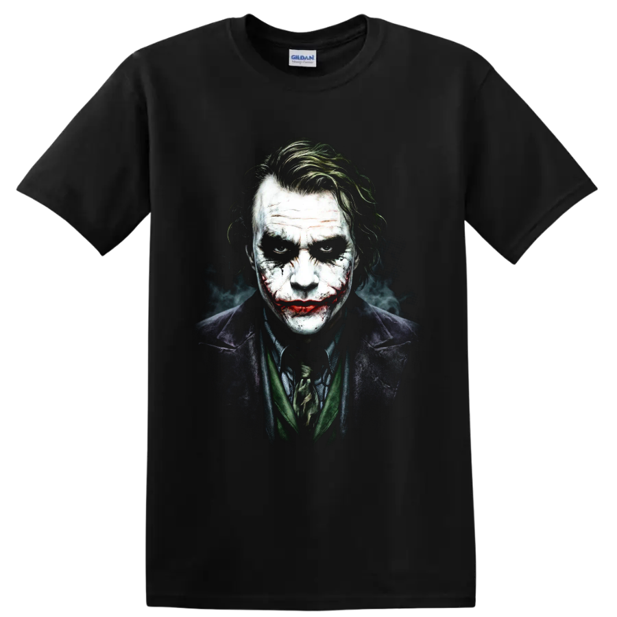Joker from The Dark Knight gritty painted portrait graphic on a Black T Shirt