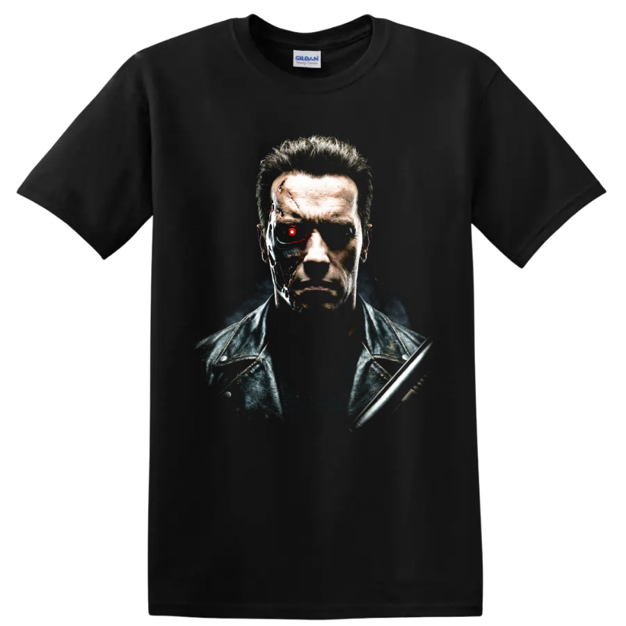 T-800 cyborg portrait from The Terminator with a glowing red eye on a Black T Shirt