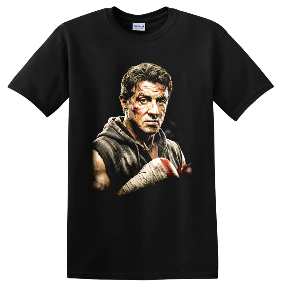 Rocky Balboa boxing portrait graphic print on a Black T Shirt