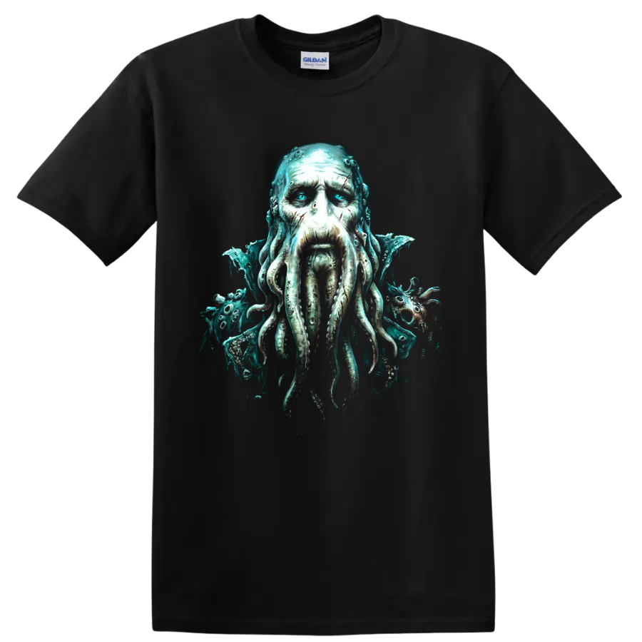 Davy Jones tentacled sea captain horror-fantasy graphic portrait on a Black T Shirt