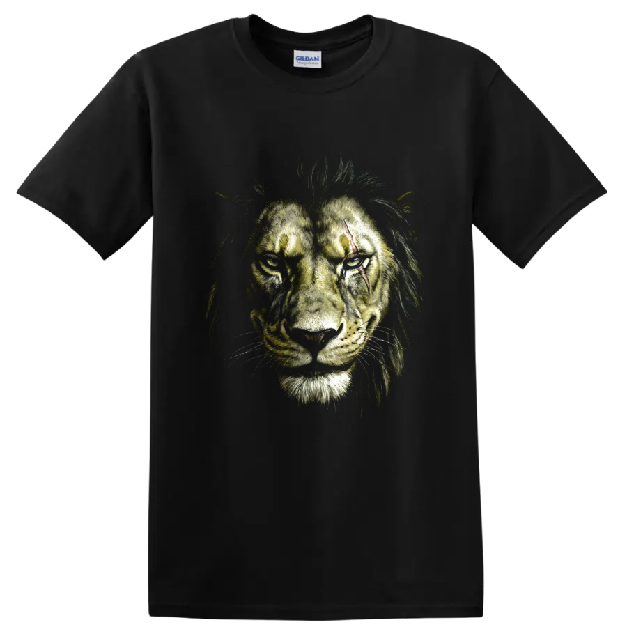 Scar from The Lion King as a dramatic scarred lion portrait on a Black T Shirt