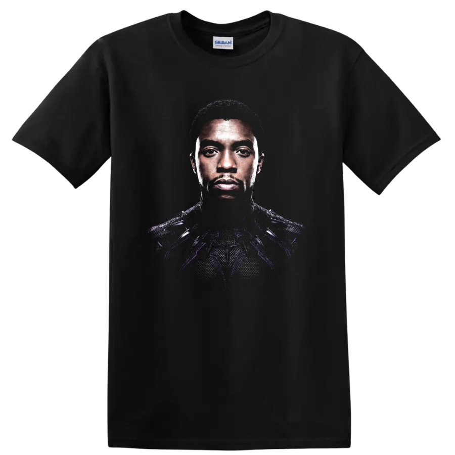 Black Panther armored portrait graphic with purple accents on a Black T Shirt