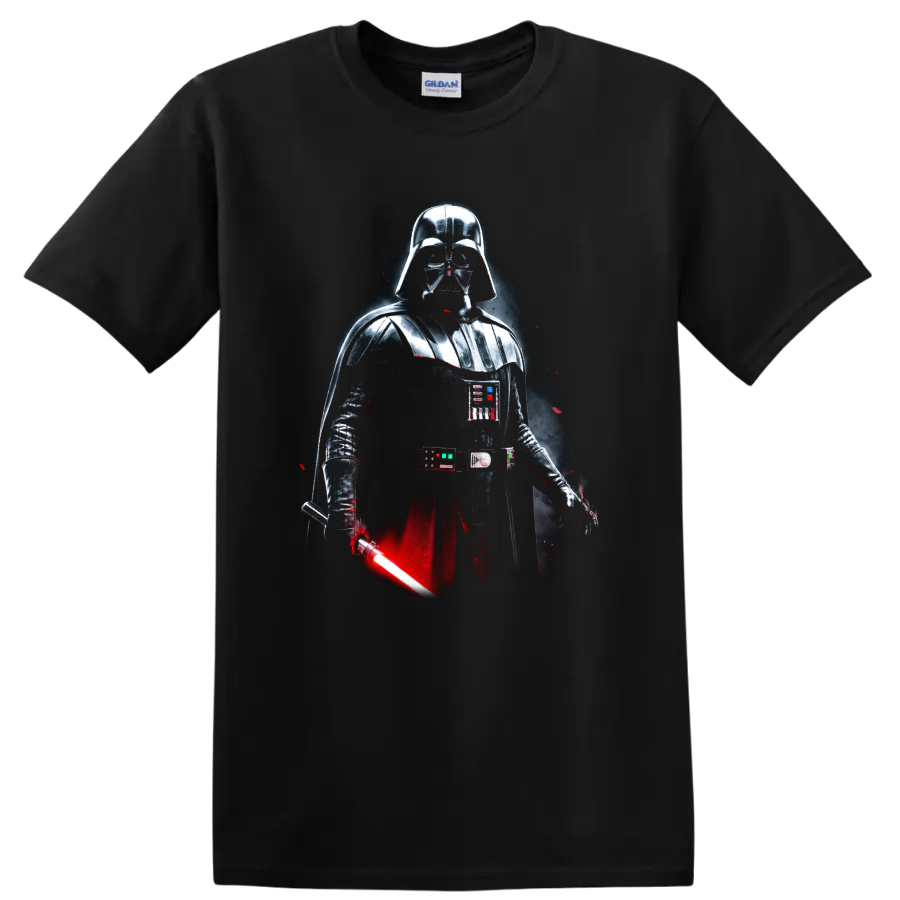 Darth Vader in dark armor with a glowing red lightsaber graphic on a Black T Shirt