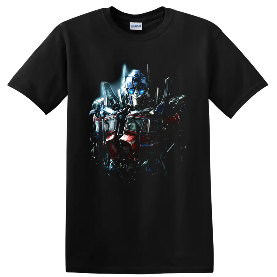 Optimus Prime Transformers robot graphic with red blue and silver armor on a Black T Shirt