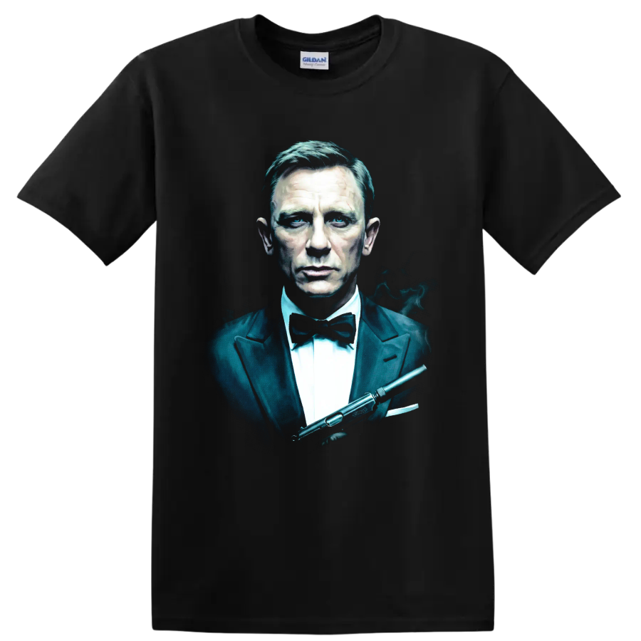 James Bond Spectre tuxedo portrait with silenced pistol graphic on a Black T Shirt