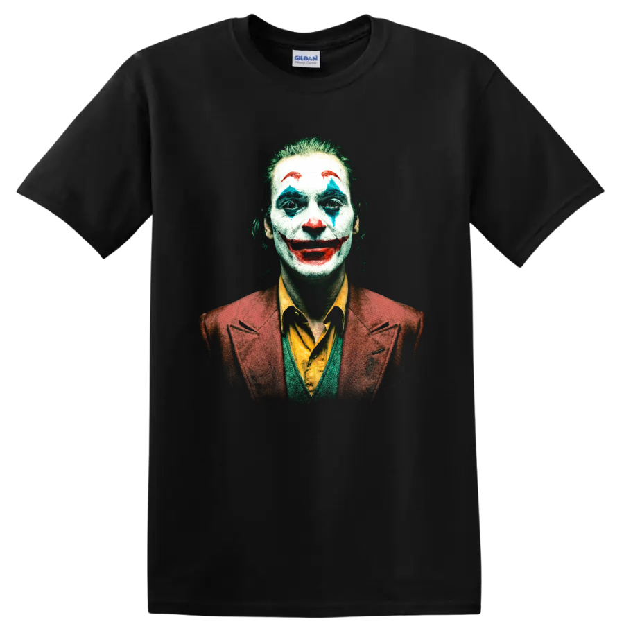 Arthur Fleck Joker close-up portrait with colorful clown makeup graphic on a Black T Shirt