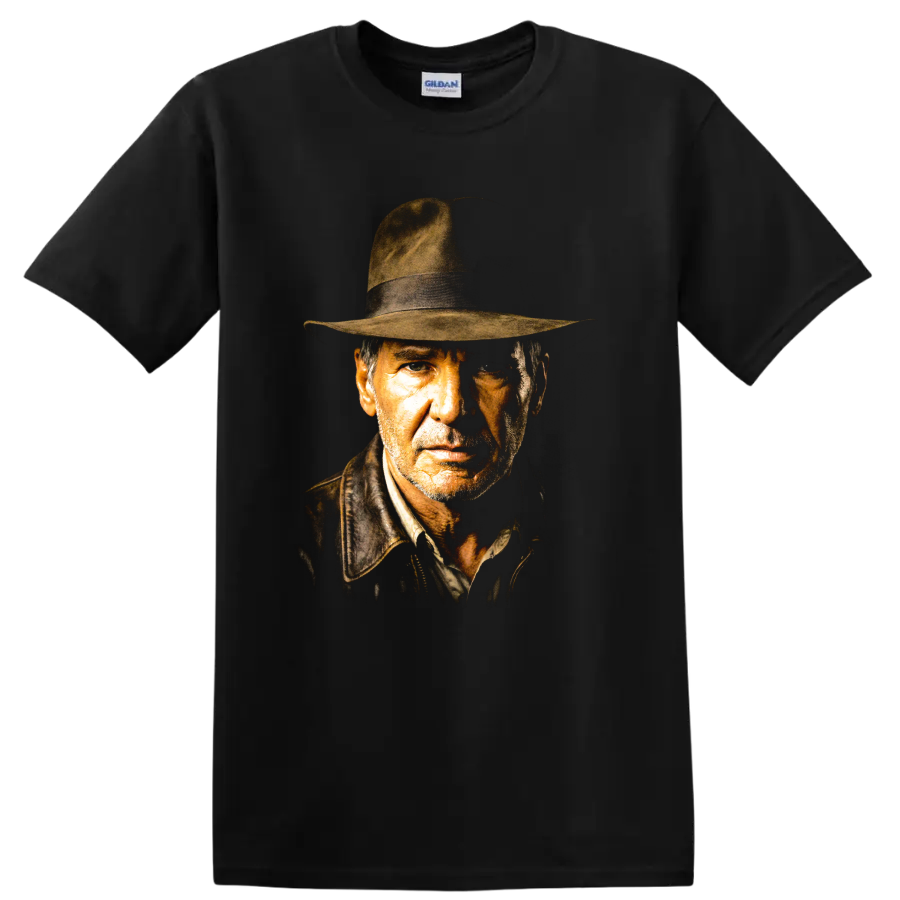Indiana Jones vintage cinematic portrait wearing a fedora on a Black T Shirt
