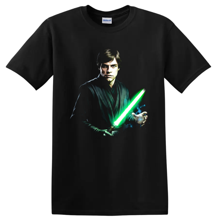 Luke Skywalker Jedi portrait with glowing green lightsaber graphic on a Black T Shirt