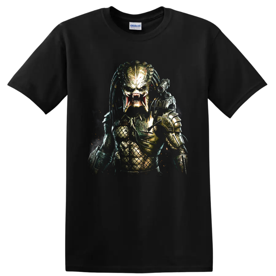Predator alien hunter graphic print with armor and fangs on a Black T Shirt