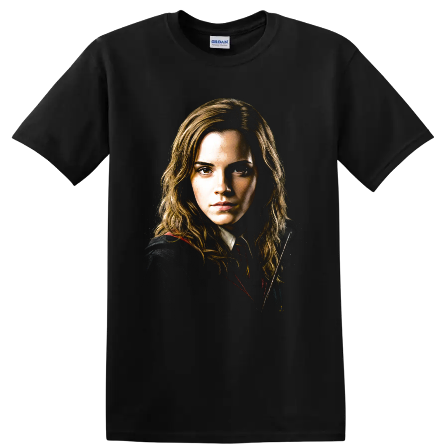 Hermione Granger Harry Potter portrait graphic print on a Black T Shirt