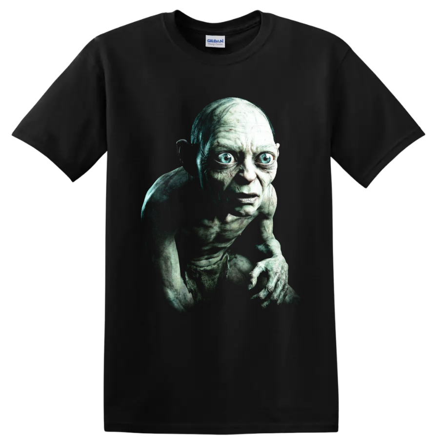 Gollum crouching dark fantasy character graphic print on a Black T Shirt