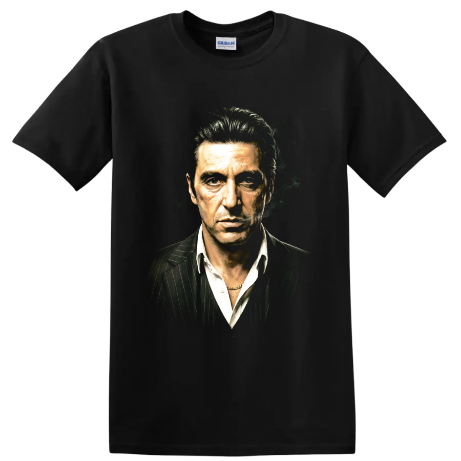 Michael Corleone portrait in a pinstripe suit with smoky cinematic styling on a Black T Shirt