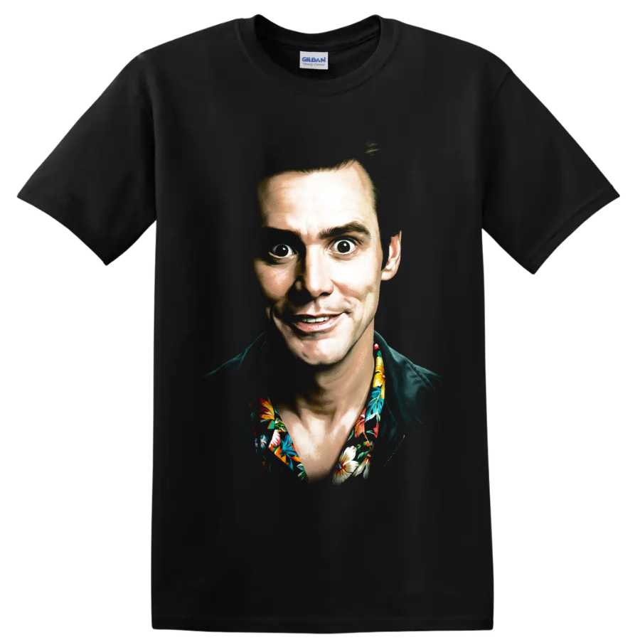 Ace Ventura character portrait graphic print with tropical floral collar on a Black T Shirt