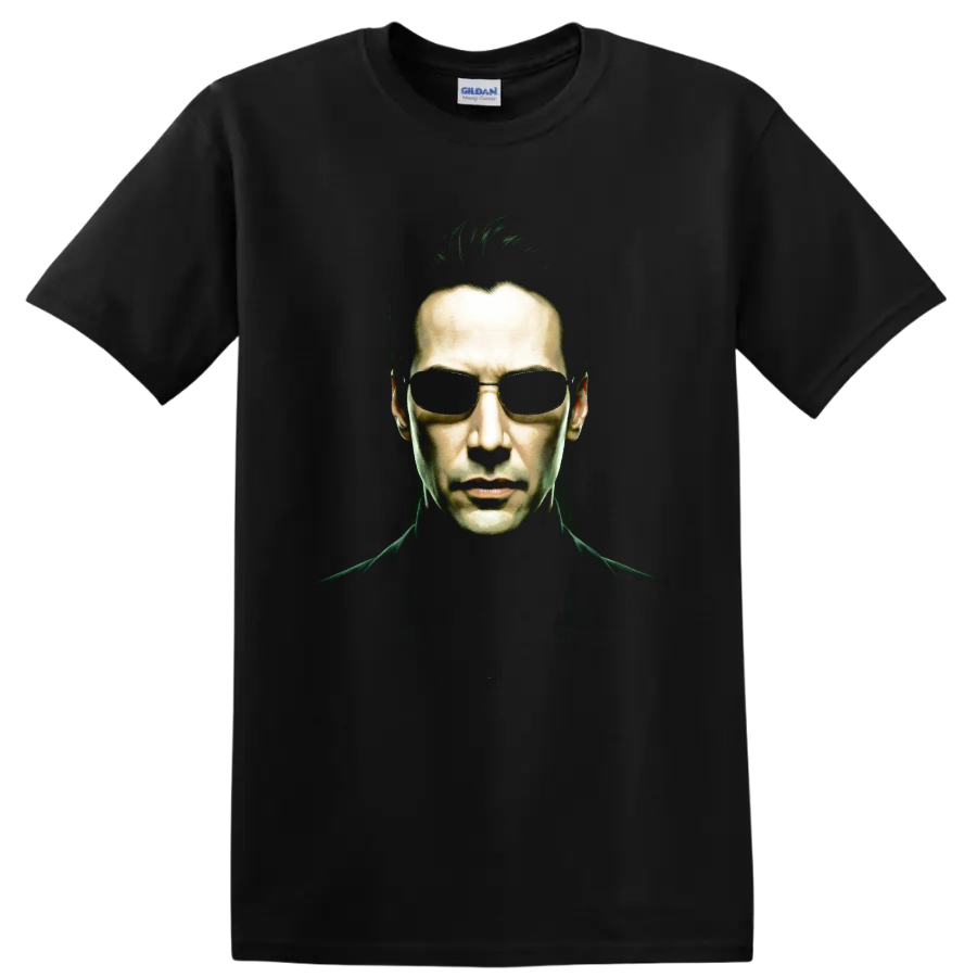 Neo from The Matrix in sunglasses, dramatic green-lit cyberpunk portrait on a Black T Shirt