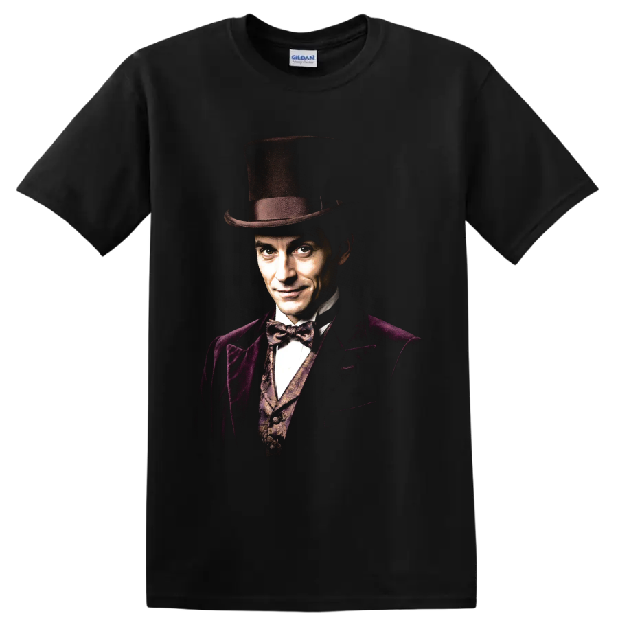 Robert Angier The Prestige magician portrait with top hat on a Black T Shirt