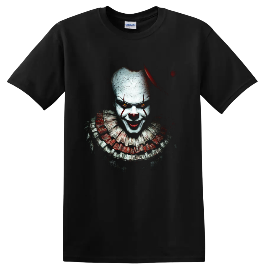 Pennywise horror clown portrait with cracked makeup and glowing eyes on a Black T Shirt