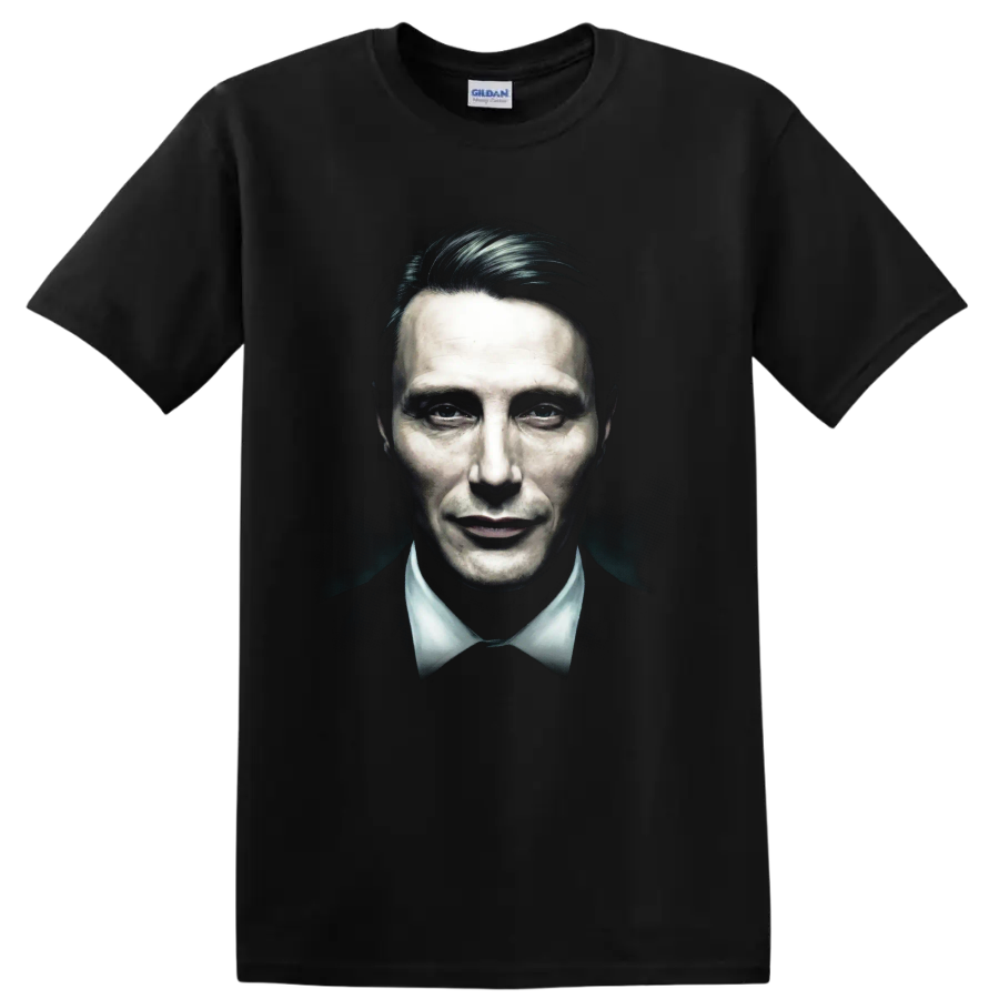 Hannibal Lecter dark painted portrait graphic print on a Black T Shirt