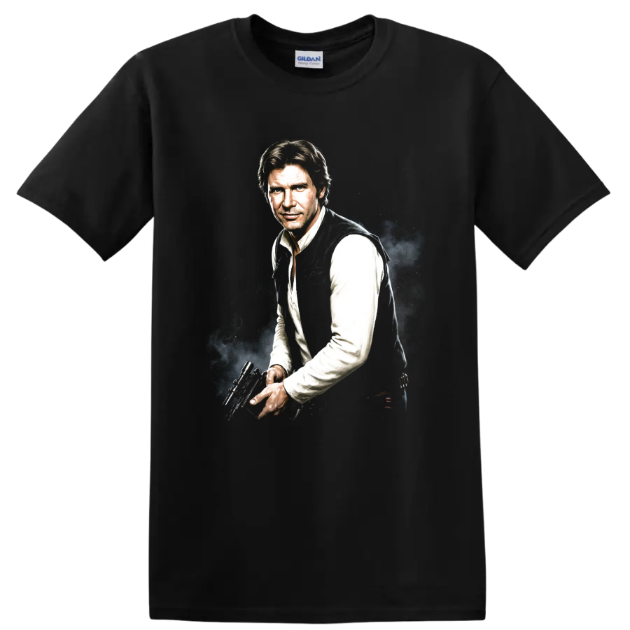 Han Solo Star Wars character portrait with blaster, cinematic graphic art on a Black T Shirt