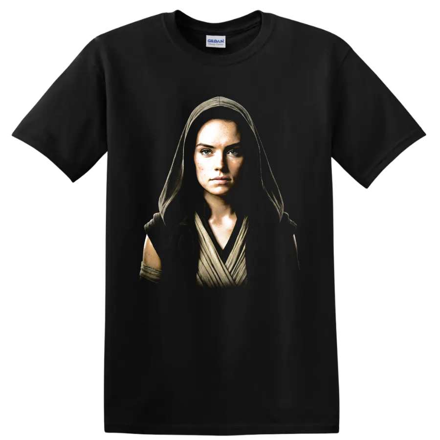 Rey Skywalker hooded Star Wars movie portrait graphic on a Black T Shirt