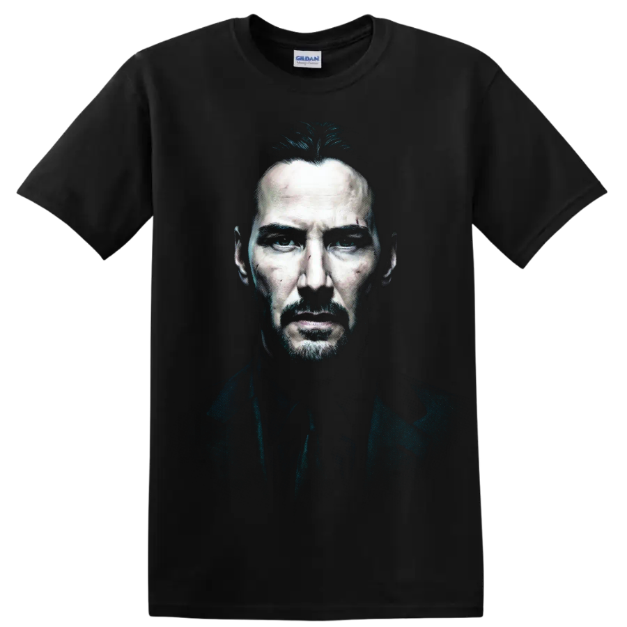 John Wick Keanu Reeves dark cinematic portrait graphic print on a Black T Shirt