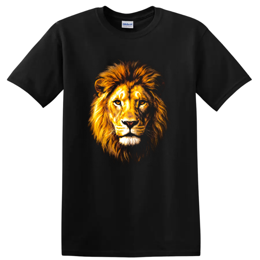 Mufasa lion portrait graphic print with a flowing golden mane on a Black T Shirt