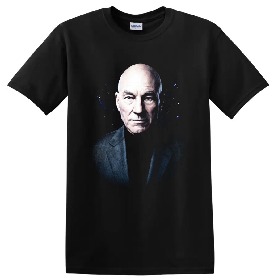 Patrick Stewart portrait with a dark cosmic blue galaxy graphic background on a Black T Shirt