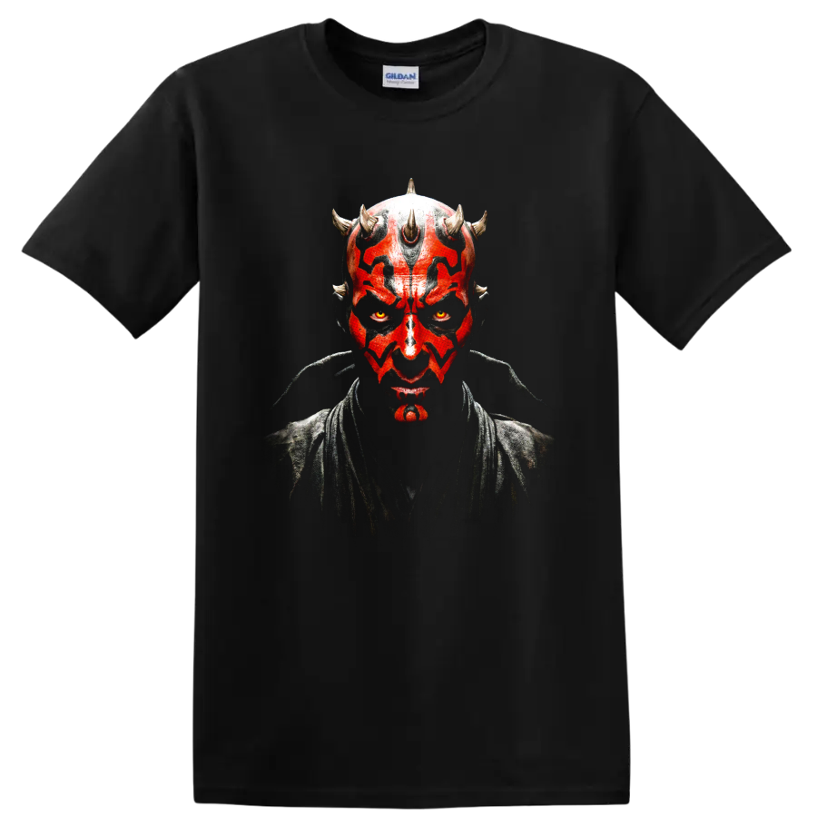 Darth Maul portrait with red and black face paint graphic on a Black T Shirt