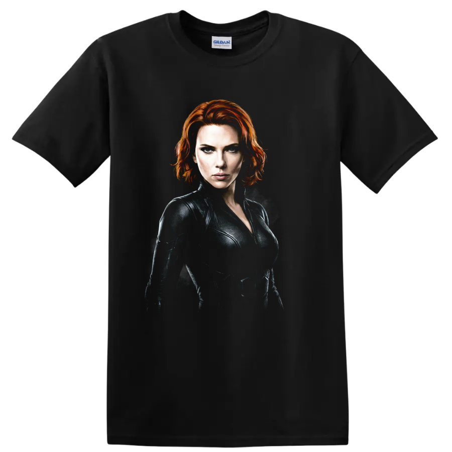 Natasha Romanoff Black Widow dramatic red-haired spy portrait graphic on a Black T Shirt