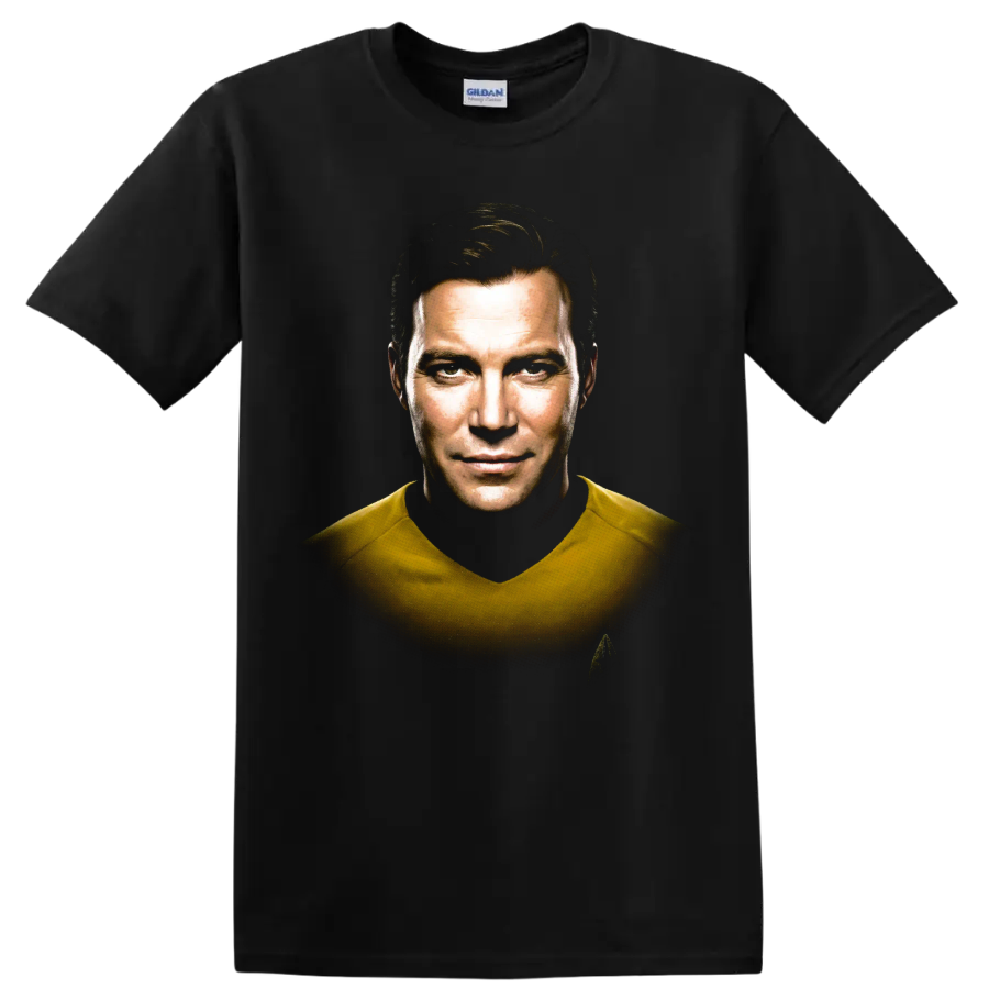 James T. Kirk Star Trek captain portrait graphic on a Black T Shirt