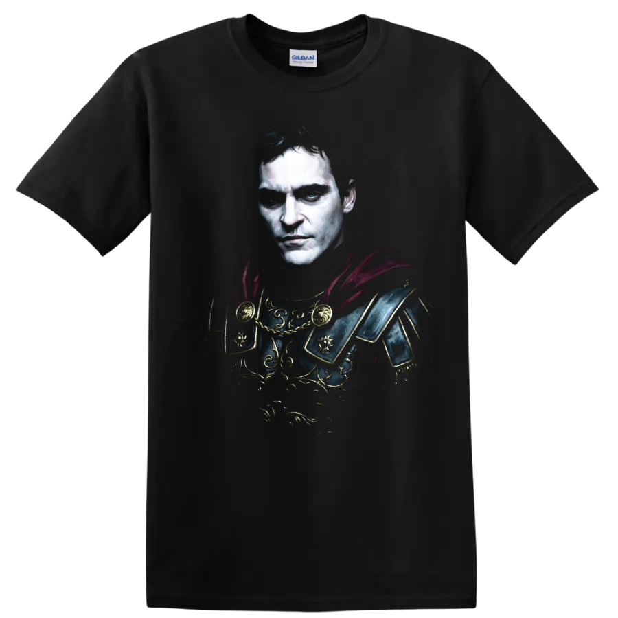 Commodus from Gladiator in ornate Roman armor portrait art on a Black T Shirt