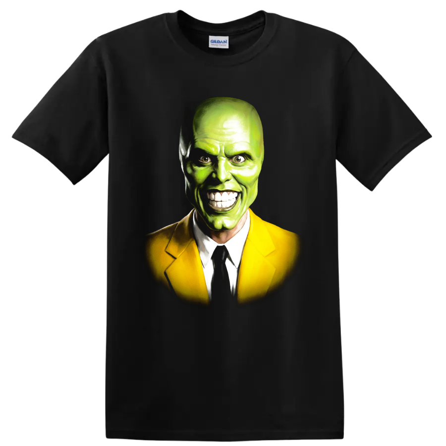 The Mask green face portrait in yellow suit graphic print on a Black T Shirt