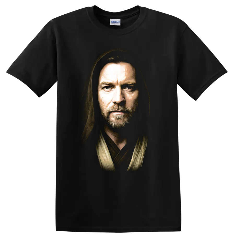 Obi-Wan Kenobi hooded Jedi portrait graphic print on a Black T Shirt