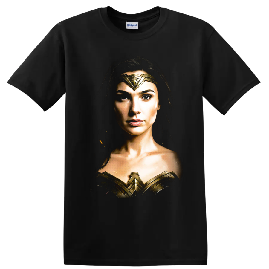 Wonder Woman portrait with gold armor and tiara graphic on a Black T Shirt