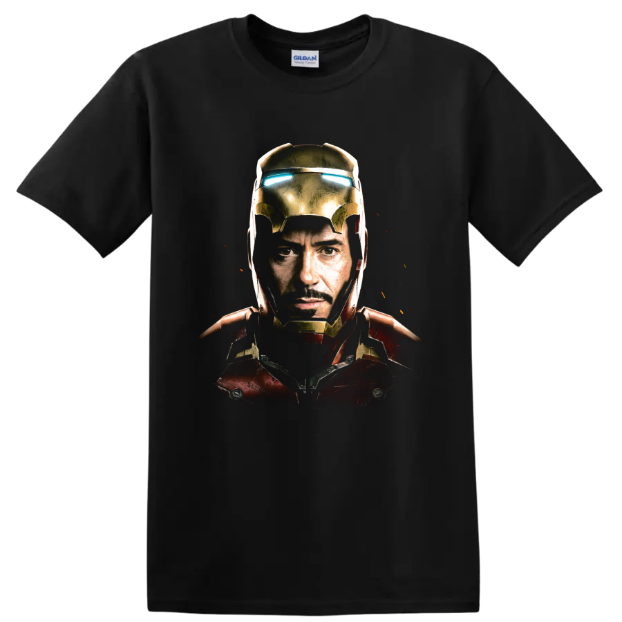 Tony Stark Iron Man armored portrait with glowing blue eyes on a Black T Shirt