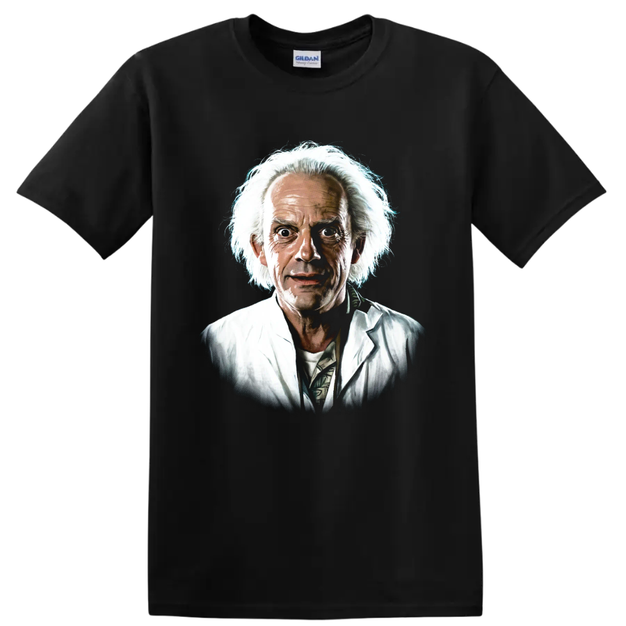 Doc Brown portrait from Back to the Future in a painterly graphic style on a Black T Shirt