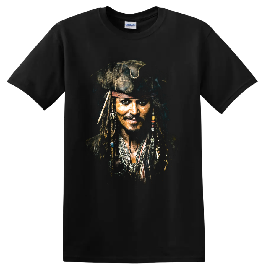 Jack Sparrow pirate captain portrait with dreadlocks and beads on a Black T Shirt