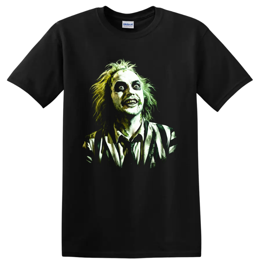 Beetlejuice gothic horror character portrait with wild hair and striped suit on a Black T Shirt