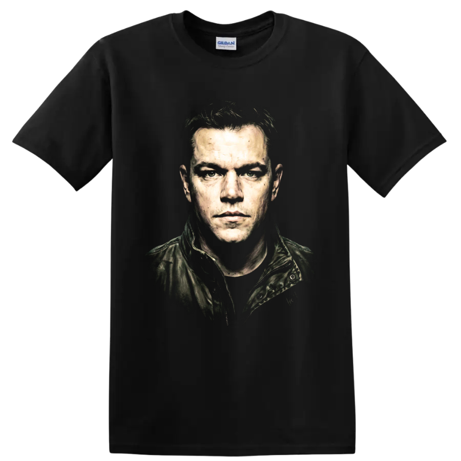 Jason Bourne gritty portrait graphic from the Bourne film series on a Black T Shirt