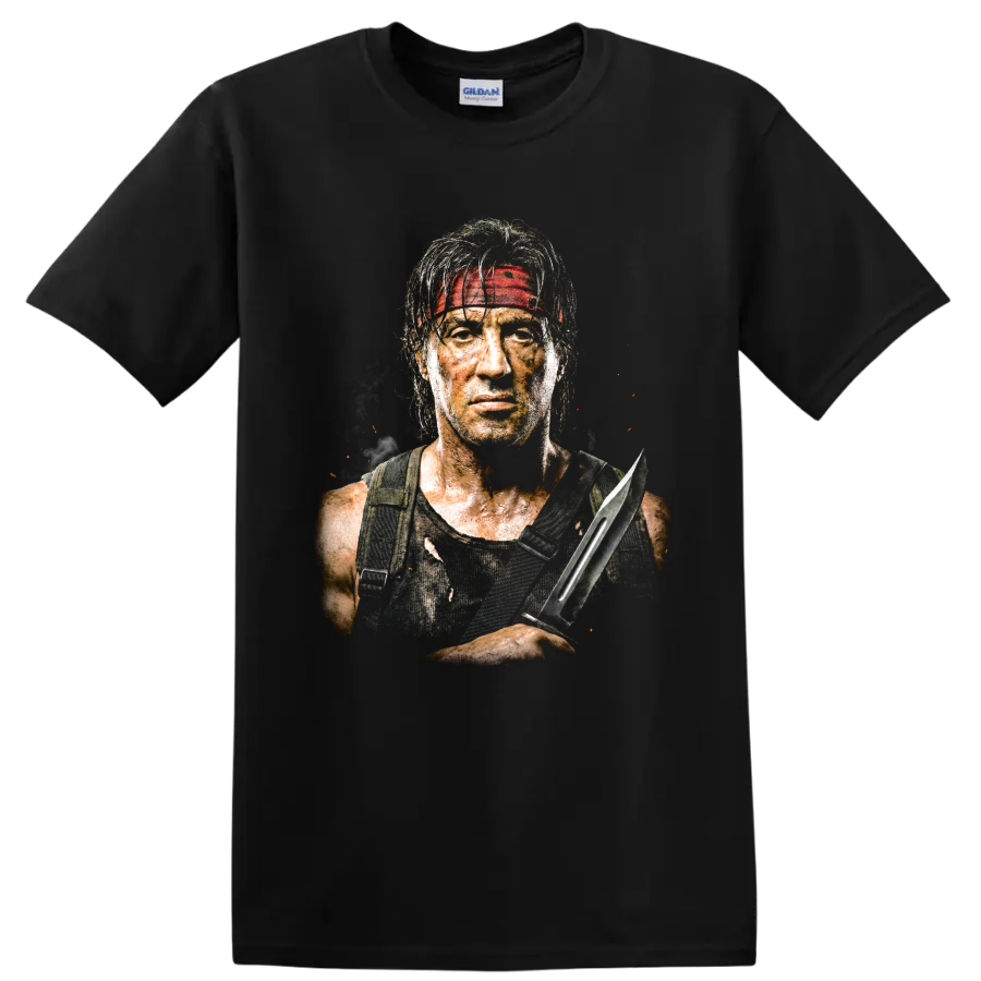 John Rambo portrait with red headband and combat knife graphic print on a Black T Shirt