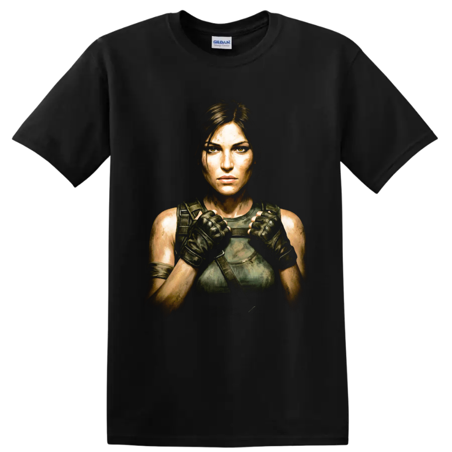 Lara Croft tactical adventure portrait graphic print on a Black T Shirt