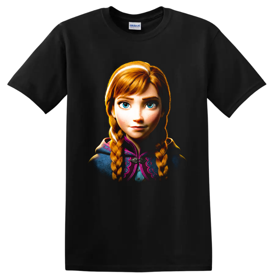 Anna from Frozen portrait with blue eyes and copper-red braided hair on a Black T Shirt