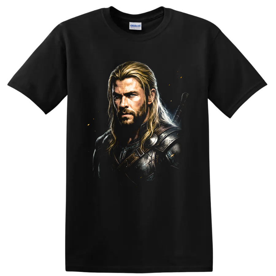 Thor warrior portrait in dark armor with cinematic fantasy artwork on a Black T Shirt