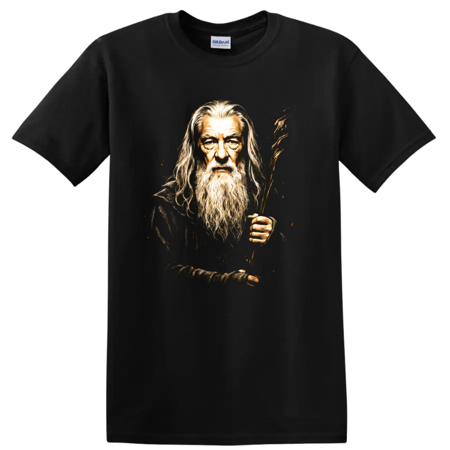 Gandalf wizard portrait with long beard and wooden staff fantasy graphic on a Black T Shirt