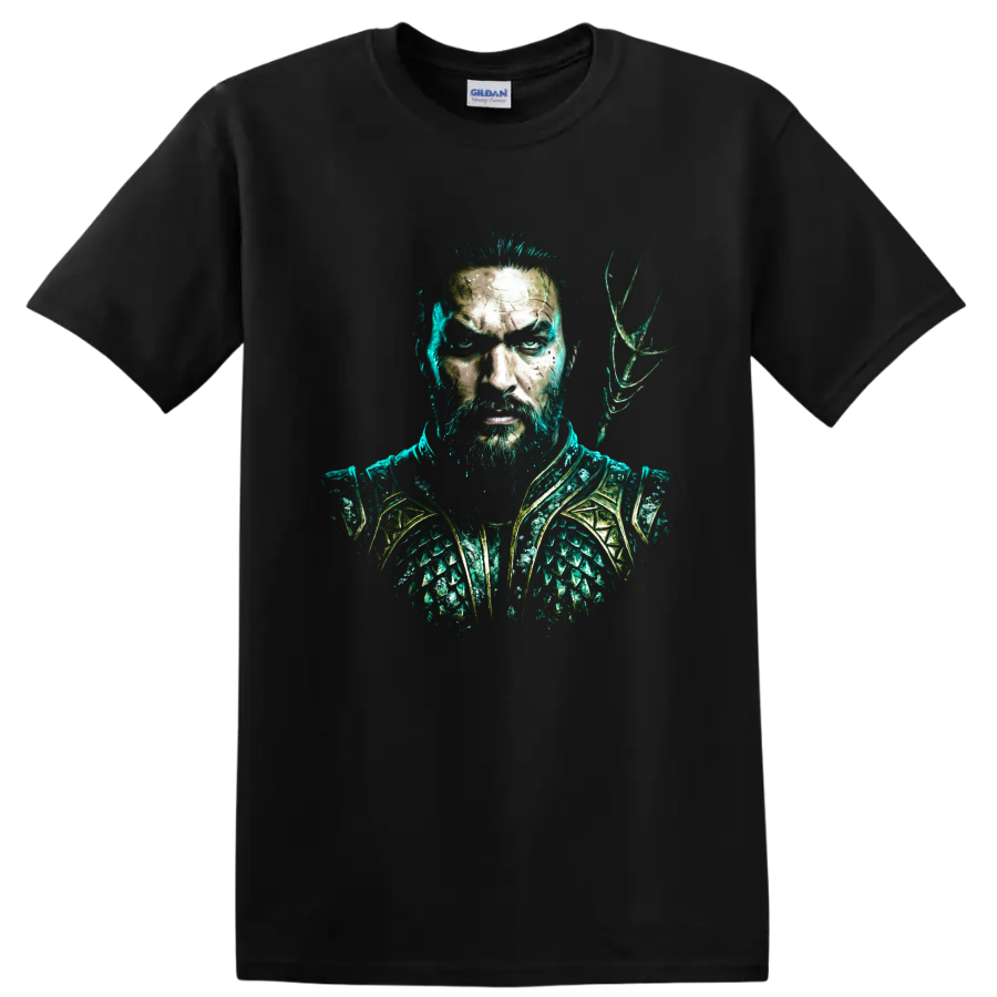 Aquaman comic-style warrior portrait with teal armor and trident on a Black T Shirt