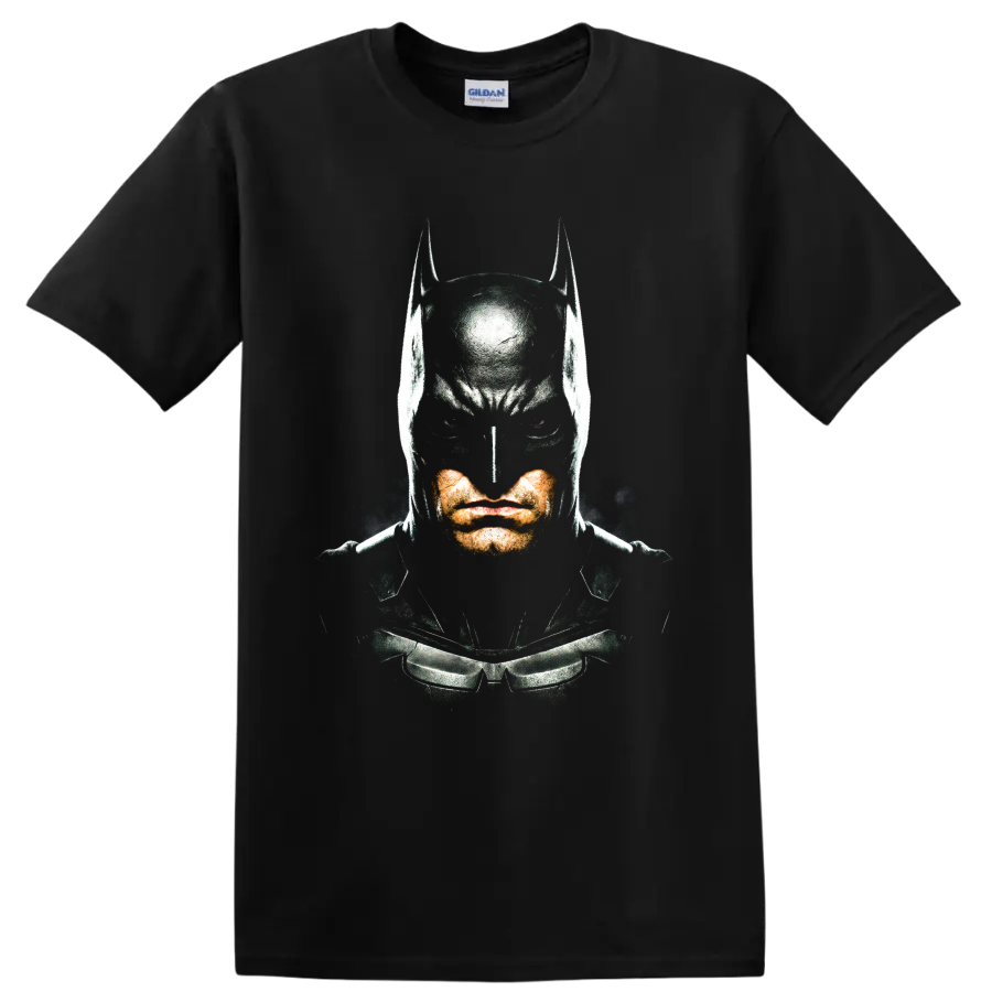 Batman masked vigilante portrait in gritty comic graphic style on a Black T Shirt