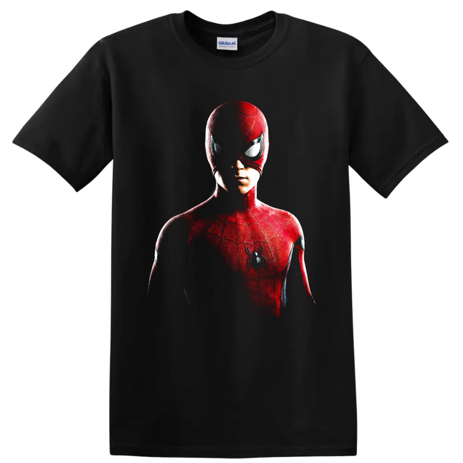 Spider-Man red masked portrait graphic with web details and spider emblem on a Black T Shirt